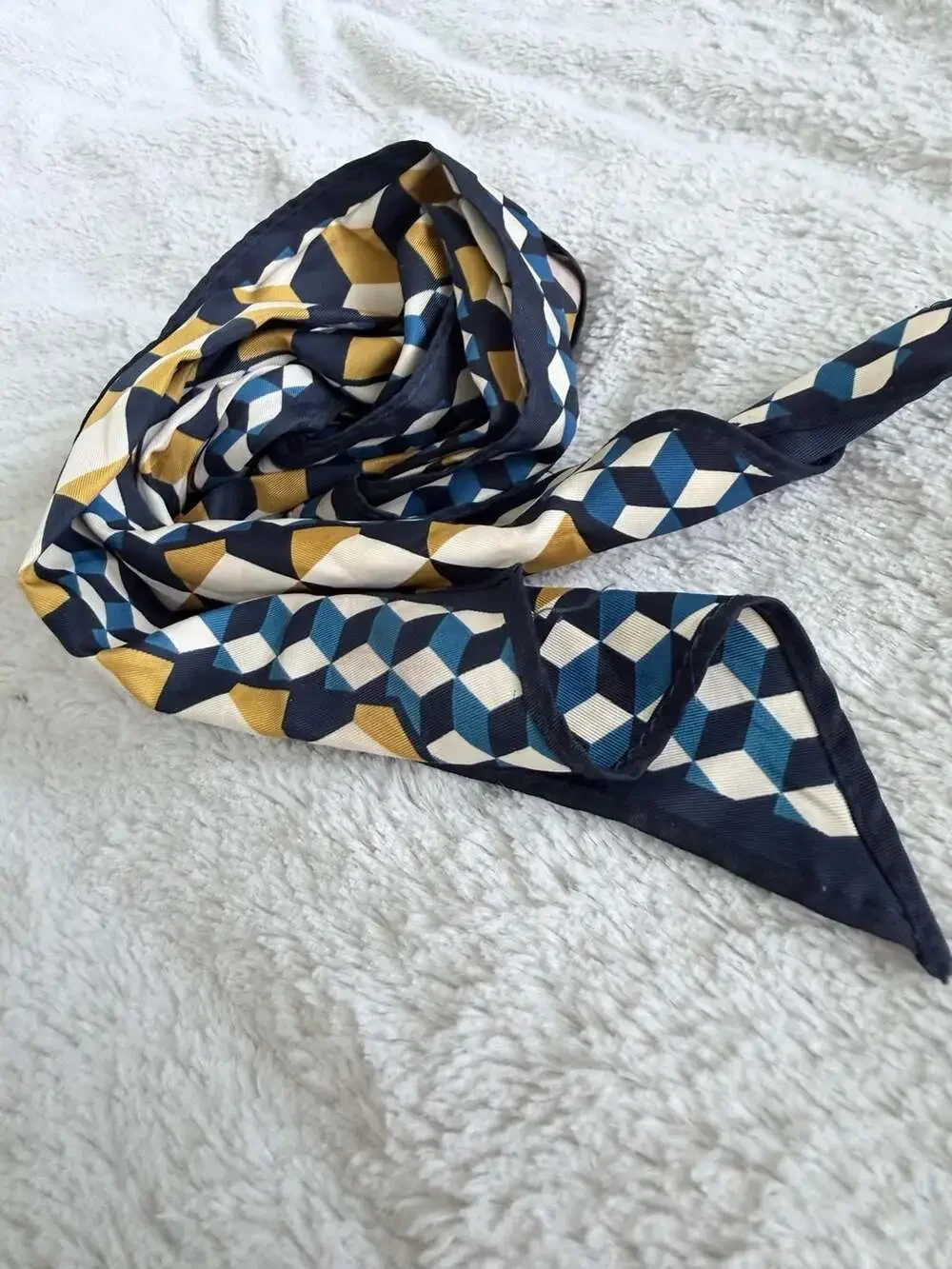 Geometric Pattern 100% Silk Twill Skinny Scarf, Navy Blue, Yellow, and White